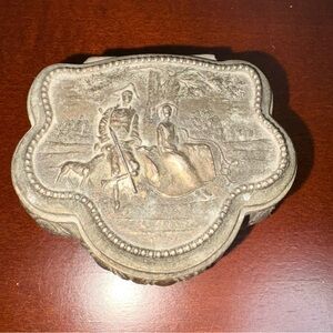Vintage Ornate Footed Silver colored trinket box couple and dog scene 2.5”x2”